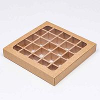 Коробка для 25 конфет, крафт с окном 22*22*3,3см